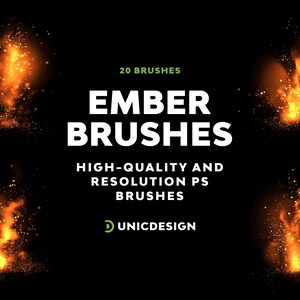 May include: A set of 20 high-quality and high-resolution Photoshop brushes featuring glowing orange embers. The text "EMBER BRUSHES" is displayed in white against a black background. The text "20 BRUSHES" is displayed in green above the main text. The text "HIGH-QUALITY AND RESOLUTION PS BRUSHES" is displayed in white below the main text. The text "UNICDESIGN" is displayed in white below the other text.