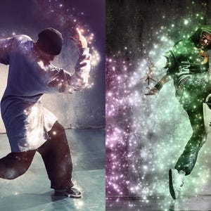 May include: Two dancers in mid-air, surrounded by sparkling lights. The dancer on the left is wearing a blue shirt and black pants, while the dancer on the right is wearing a green shirt and black pants.