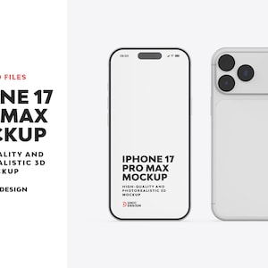 Può includere: Un mockup di iPhone 17 Pro Max bianco, che mostra le viste anteriore e posteriore. La parte anteriore mostra l'ora e uno schermo, mentre la parte posteriore presenta un modulo fotocamera. Il testo a sinistra recita "IPHONE 17 PRO MAX MOCKUP" e "HIGH-QUALITY AND PHOTOREALISTIC 3D MOCKUP."