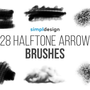 Puede incluir: Imagen que muestra 28 pinceles de flecha de semitono negros sobre un fondo blanco. El texto "simpl design" es azul claro, y las palabras "28 Halftone Arrow Brushes" son de color gris oscuro. Los pinceles tienen varias formas.