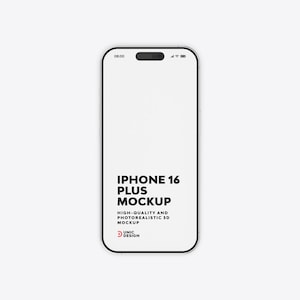 Puede incluir: Maqueta de un iPhone 16 Plus con borde negro y pantalla blanca. La pantalla muestra el texto "IPHONE 16 PLUS MOCKUP" en negrita negra. Debajo está "HIGH-QUALITY AND PHOTOREALISTIC 3D MOCKUP". El logotipo de Unic Design está en la parte inferior.