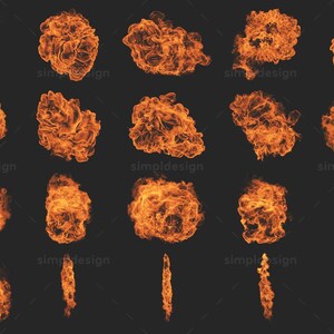 Puede incluir: Una colecci&oacute;n de explosiones y llamas de fuego en tonos naranja y amarillo sobre un fondo oscuro. La imagen presenta varias formas y tama&ntilde;os de bolas de fuego y llamas, adecuadas para dise&ntilde;o digital.
