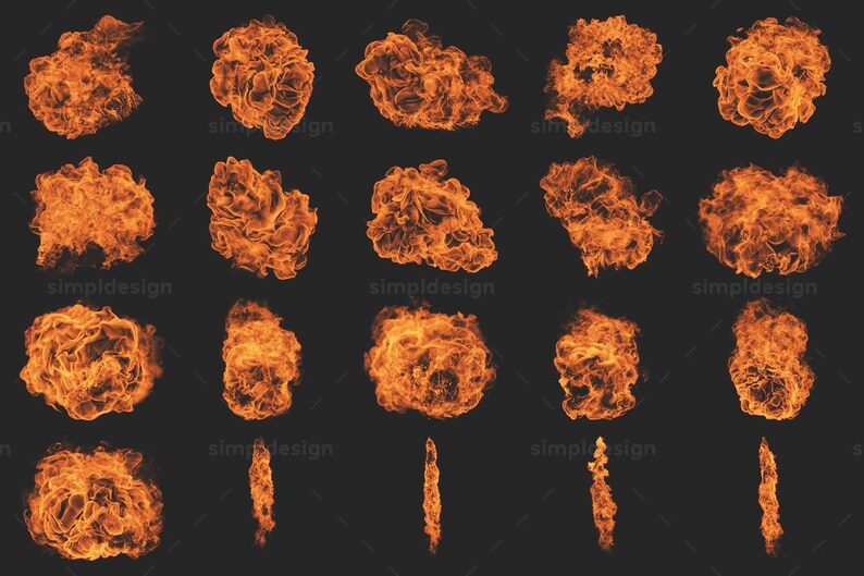Puede incluir: Una colecci&oacute;n de explosiones y llamas de fuego en tonos naranja y amarillo sobre un fondo oscuro. La imagen presenta varias formas y tama&ntilde;os de bolas de fuego y llamas, adecuadas para dise&ntilde;o digital.