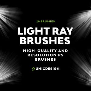 Puede incluir: Un conjunto de 20 pinceles de rayos de luz de alta calidad para Photoshop. Los pinceles están diseñados para crear efectos de luz realistas, como focos, rayos de sol y estallidos de estrellas. Los pinceles son perfectos para agregar un toque de drama y realismo a tus diseños.