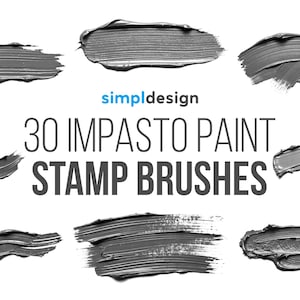 May include: Image showing 30 impasto paint stamp brushes in shades of grey. The image features various brushstroke textures and shapes, with the text "simpl design" and "30 Impasto Paint Stamp Brushes".