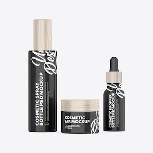 May include: A mockup of three cosmetic containers: a spray bottle, a jar, and a dropper bottle. The containers are black with wooden caps and lids. White script and text are printed on the bottles, including "Cosmetic Spray Bottle PSD Mockup" and "Cosmetic Jar Mockup."