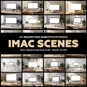 Könnte beinhalten: Werbebild mit mehreren iMac-Szenen-Mockups. Das Bild zeigt verschiedene Schreibtisch-Setups mit leeren Computerbildschirmen, Pflanzen und Zubehör. Der Text lautet "50+ REALISTIC IMAC SCENE MOCKUPS BUNDLE" und "IMAC SCENES".