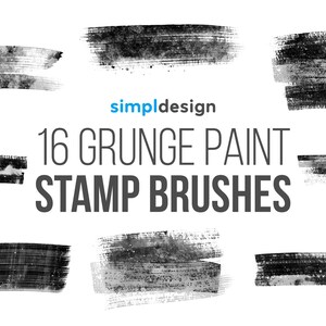 May include: A collection of 16 grunge paint stamp brushes in various shapes and textures. The brushes are in shades of gray and black, with a distressed, textured appearance. The text "simpldesign" and "16 GRUNGE PAINT STAMP BRUSHES" are also visible.