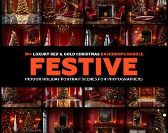Red & Gold Christmas Backdrops | Holiday Portrait Scenes (Digital Download)