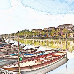 Peut inclure: Une peinture à l'aquarelle représentant une scène de rivière avec des bateaux en bois colorés amarrés le long de la rive. Les bateaux sont alignés en rangée, avec le plus grand bateau au premier plan. La rivière est calme et réfléchissante, avec une rangée de bâtiments sur la rive opposée.