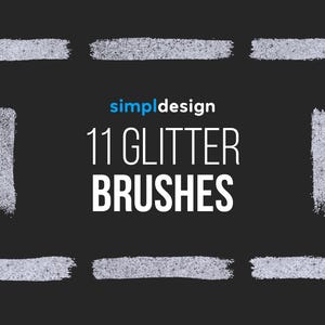 Puede incluir: Fondo negro con trazos de pincel de purpurina plateada dispuestos en forma de marco rectangular. El texto "simpl design" está encima de las palabras "11 GLITTER BRUSHES" en blanco.