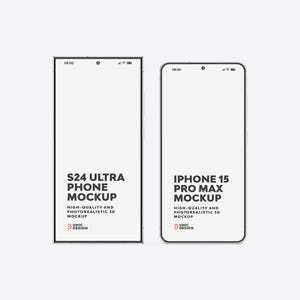 May include: Two smartphone mockups on a white background. The left phone displays "S24 ULTRA PHONE MOCKUP" and the right phone displays "IPHONE 15 PRO MAX MOCKUP". Both phones have a black border and the text "HIGH-QUALITY AND PHOTOREALISTIC 3D MOCKUP".