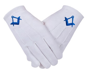 Masonic Freemasons Mens White Heavy Cotton Gloves Embroidered Craft Royal Blue Square & Compass Logo 