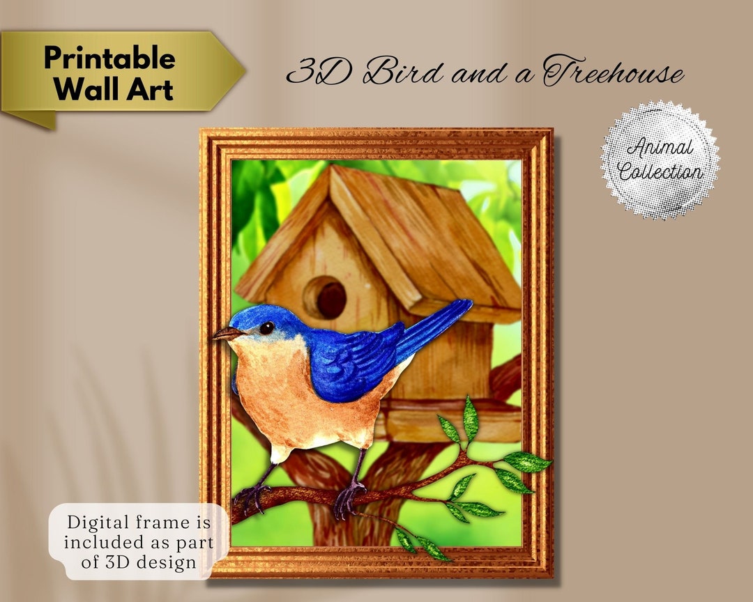 3D Bird and a Treehouse, Printable Wall Art Birds, Digital Prints Wall