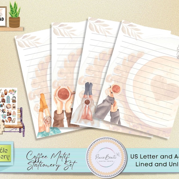 Coffee Motif Stationery Sets | Printable Stationery Paper Coffee | Printable Writing Paper | Printable Lined Stationary | Stationery Sets