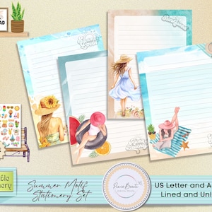 Summer motif writing paper stationery set | Printable summer stationery | Summer printable stationery | Letter writing paper lined/unlined