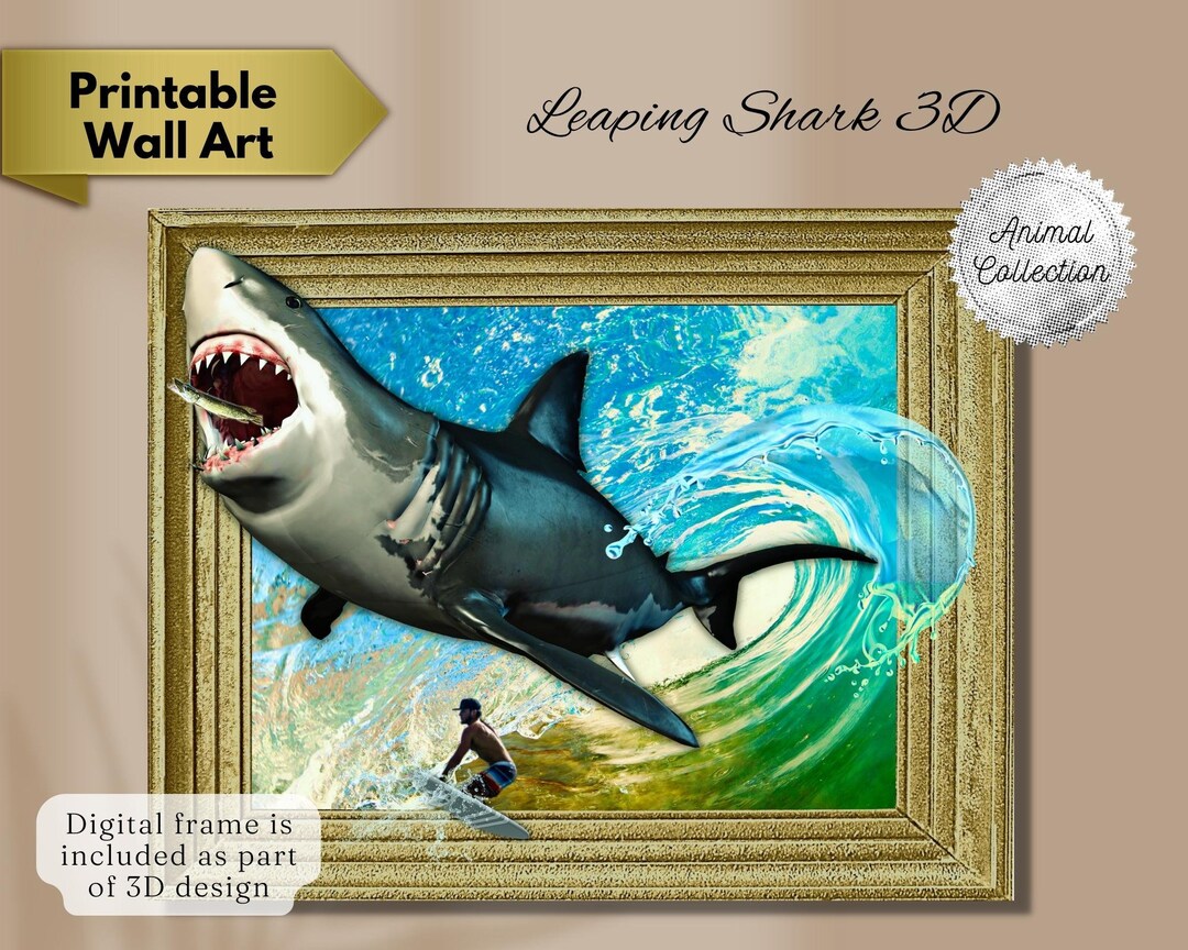 Leaping Shark 3D, Printable Wall Art 3D Shark, Printable Wall Art Kids ...