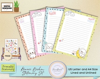 Conjunto de Papelaria Kawaii Bichon: Papel Pautado para Imprimir (Download Digital)