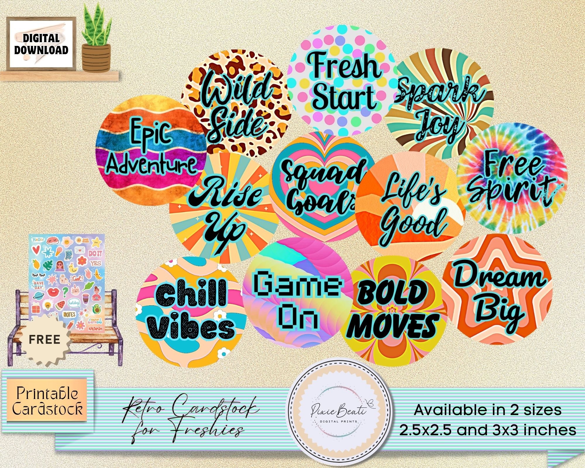 Retro Cardstock for Freshies, Printable Cardstock Design for Freshies Retro, Round Cardstock for Freshie, Crafts for Journals, Sticker Sheet
