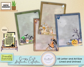 Cute and Creepy Printable Halloween Stationery, Spooky Stationery Collection, Lined and Unlined Writing Paper, Pumpkin and Witch Stationery