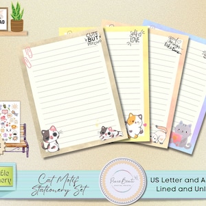 Cat Motif Stationery Sets | Printable Stationery Paper Cat | Printable Writing Paper for Kids | Printable Lined Stationary | Stationery Sets