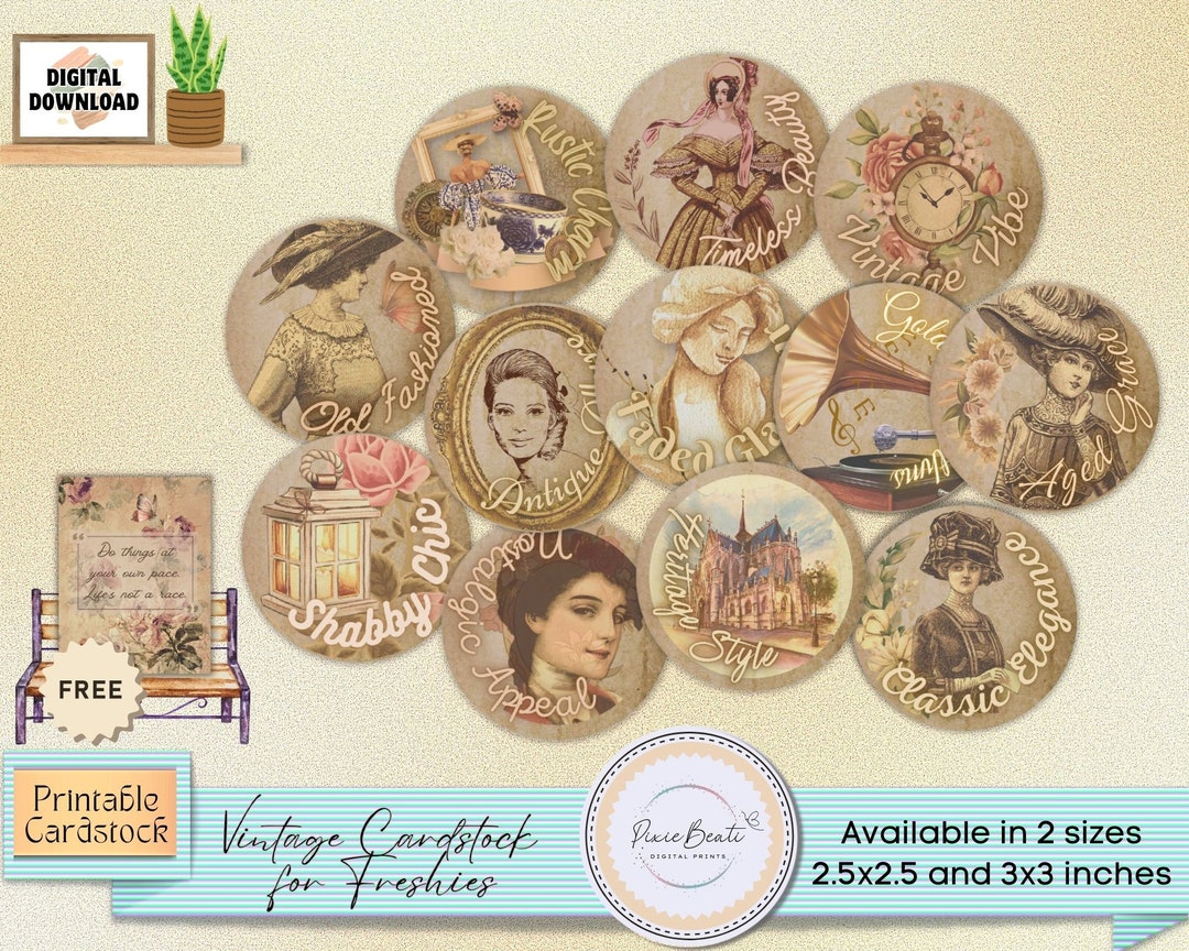 Vintage Cardstock for Freshies, Printable Cardstock Designs for Freshies Vintage, Round