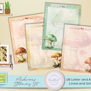 Cancelleria stampabile con funghi carini / Set di 4 carta da lettere con funghi / Carta da lettere con e senza fodera / Carta da lettere digitale PDF