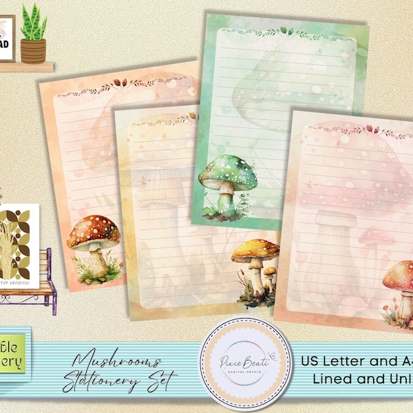 Cute Mushrooms Printable Stationery | Set of 4 Mushrooms Writing Paper | Lined and Unlined Stationery Paper | Digital Writing Paper PDF