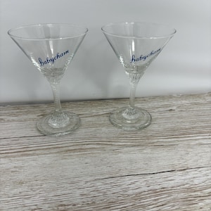 Vintage 1970s retro pair of rarer Babycham logo only martini glasses with twist stem