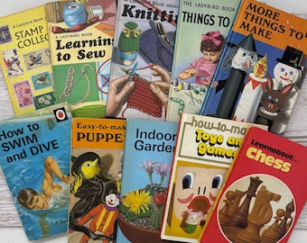 May include: A collection of ten vintage Ladybird books featuring illustrated covers with titles including Stamp Collecting, Learning to Sew, Knitting, Things to Make, More Things to Make, How to Swim and Dive, Easy-to-make Puppets, Indoor Gardening, Toys and Games, and Learnabout Chess.