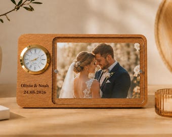 Cornice portafoto in legno personalizzata con orologio, regalo di anniversario inciso per coppie, cornice per foto di matrimonio