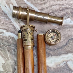 Brass Engraved 1920 Dollond London Victorian | Telescope Compass On Top Spyglass Handle Walking Stick | Steampunk Walking Cane Handmade Gift
