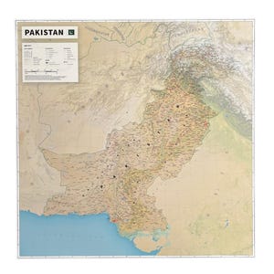 Grande mappa murale del Pakistan e del Kashmir / Colori accattivanti e dettagliati / Ideale come elemento decorativo da parete / Laminato per preservare qualità e longevità