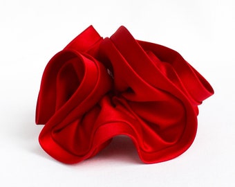 X-Large Red Luxurious Handmade Bridal Satin Scrunchie with Custom Elastic Hair Tie