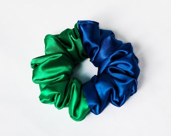 Chouchou en satin bicolore bleu et vert fait main avec élastique personnalisé pour cheveux Chouchou hockey de Vancouver avec une cause