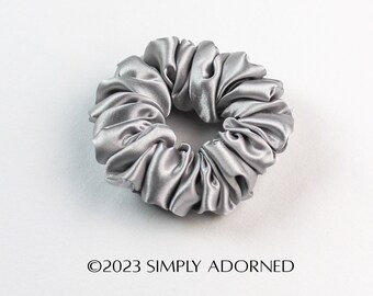 Luxurious Handmade Silver Satin Scrunchie with Custom Elastic Tie for Fine Thin Thick Hair