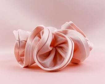 X-Large Luxurious Handmade Light Pink Bridal Satin Scrunchies with Custom Elastic Tie