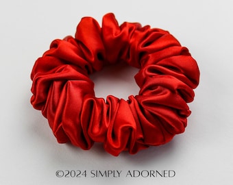 Luxurious Handmade Red Satin Scrunchie with Custom Elastic Tie for Fine Thin Thick Hair