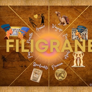 May include: An image with the word "FILIGRANE" at its centre, surrounded by illustrations and text. The design incorporates Egyptian motifs such as pyramids, pharaohs, and a camel, with words like "Family" and "Travel" in a circular layout.