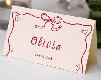 Valentine’s Day Place Cards Pink Red – Romantic Wedding & Love Table Seating Cards, Editable Canva Template