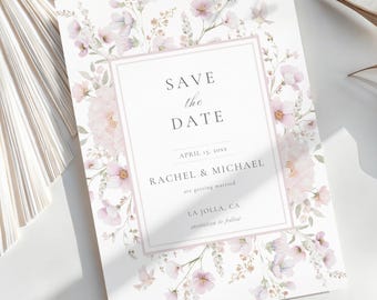 Boho Pink Floral Save The Date Template, Summer Wedding Announcement, Canva Editable, PETAL WHISPER