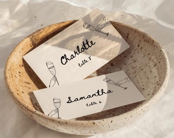 Tischkarten für die Hochzeit: Skurrile Hochzeits-Tischkarten (Canva Template, flach gefaltet, H01)