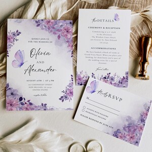 DREAM Lilac Purple Wedding Invitation Set, Butterfly RSVP & Custom Details Card, Gold Glitter, Editable Template, Instant Download, D01, V2