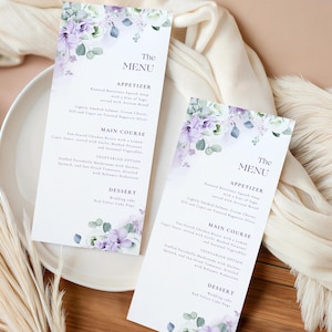 ROSE mauve en paarse bloemen bruiloft menusjabloon, aquarel pioenroos en eucalyptus dinerkaart, bewerkbaar afdrukbaar evenementenmenu, DIY, R02