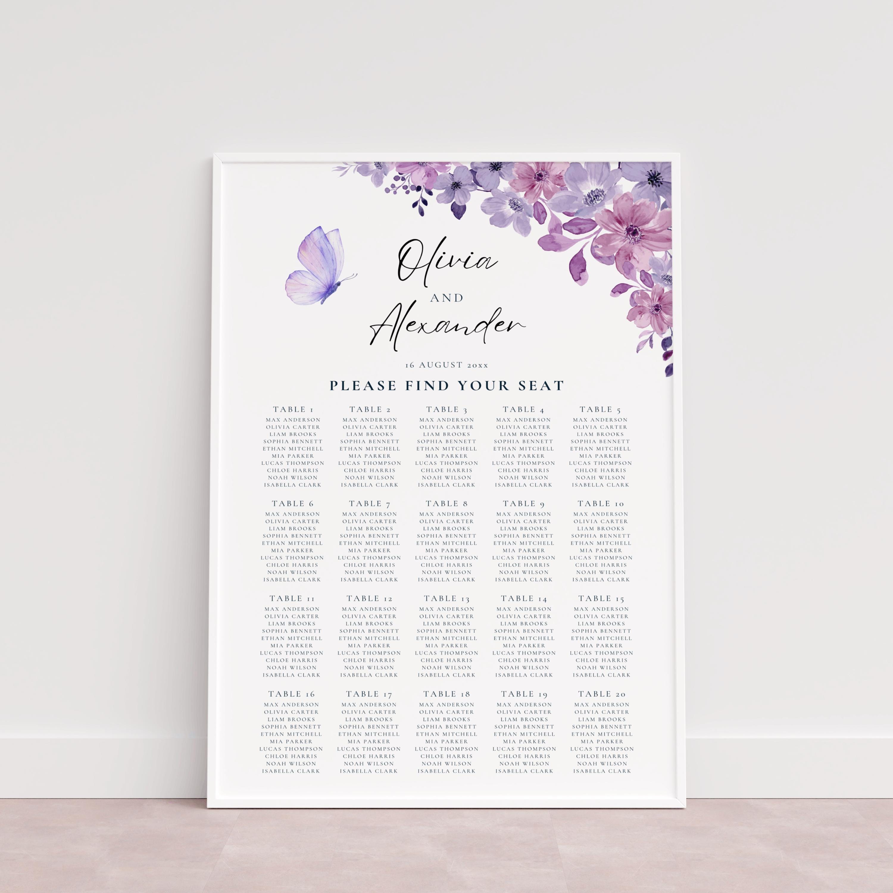Lilac Floral Wedding Seating Chart: Elegant Butterfly Design (Editable Printable Canva Template)