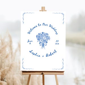 Vintage Blue Wedding Welcome Sign: Whimsical Hand-Drawn Canva Template (Digital Download 24x36, 18x24)”