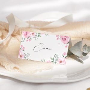 Floral Wedding Place Cards: Pink Greenery Table Name Tags (Instant Download, Editable in Canva)