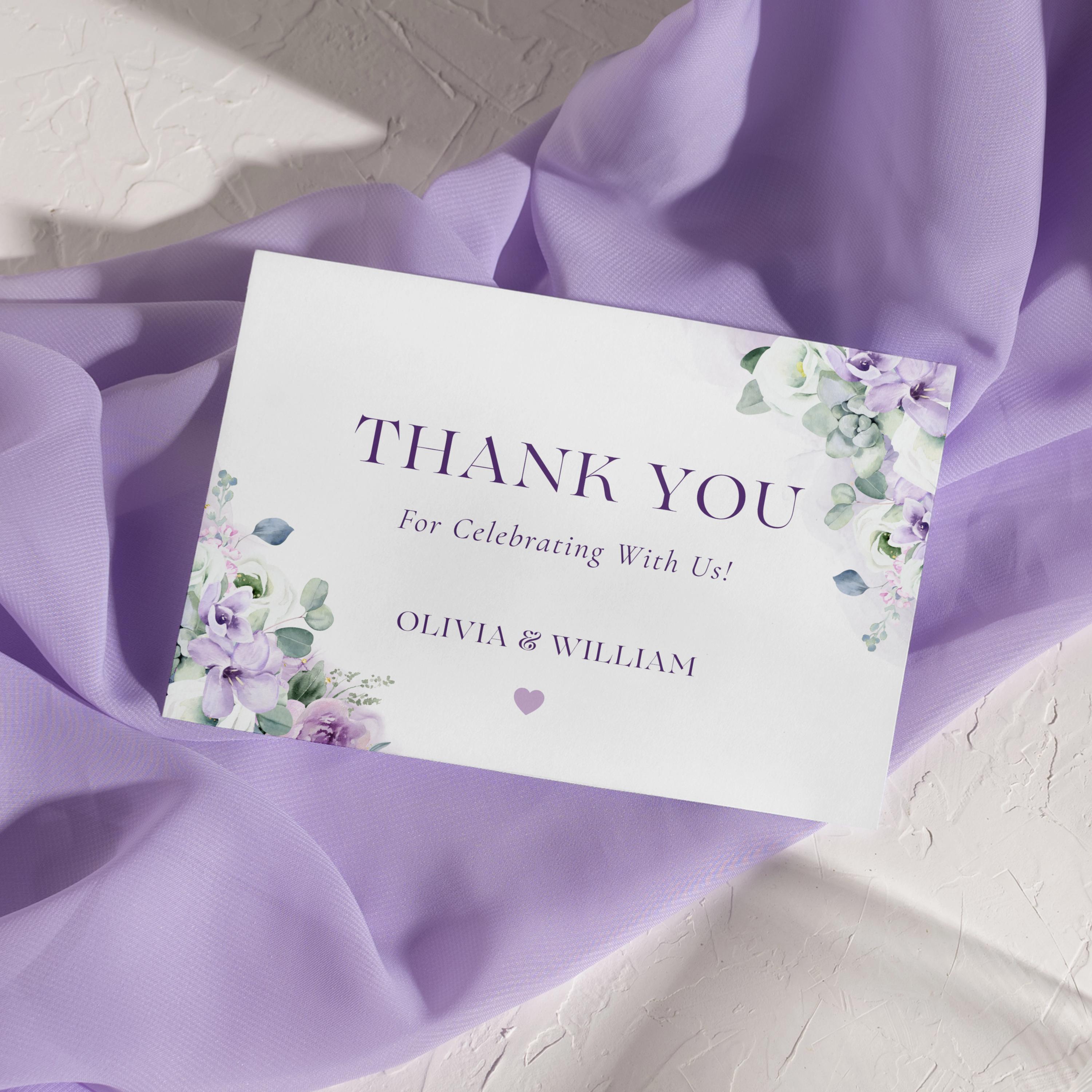 Purple Floral Wedding Thank You Card Template – Peony & Lilac Design ...