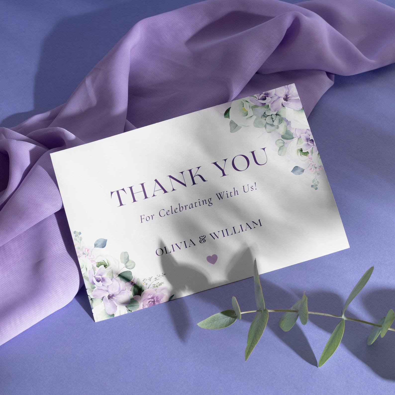 Purple Floral Wedding Thank You Card Template – Peony & Lilac Design ...