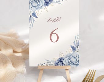 Boho Floral Wedding Table Numbers: Dusty Pink & Blue (Printable Template) | NAVIA